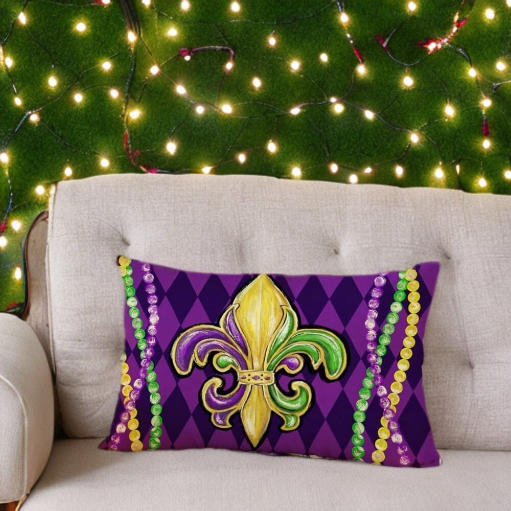 Mardi Gras Pillow Cover Fleur De Lis Decor Decorative Accent Lumbar Case 12x20 - Picture 2 of 7